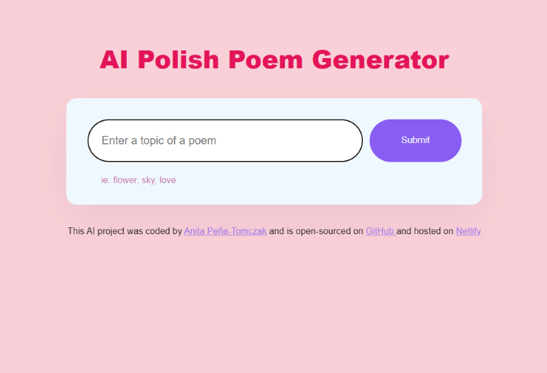 screenshot of poem generator app